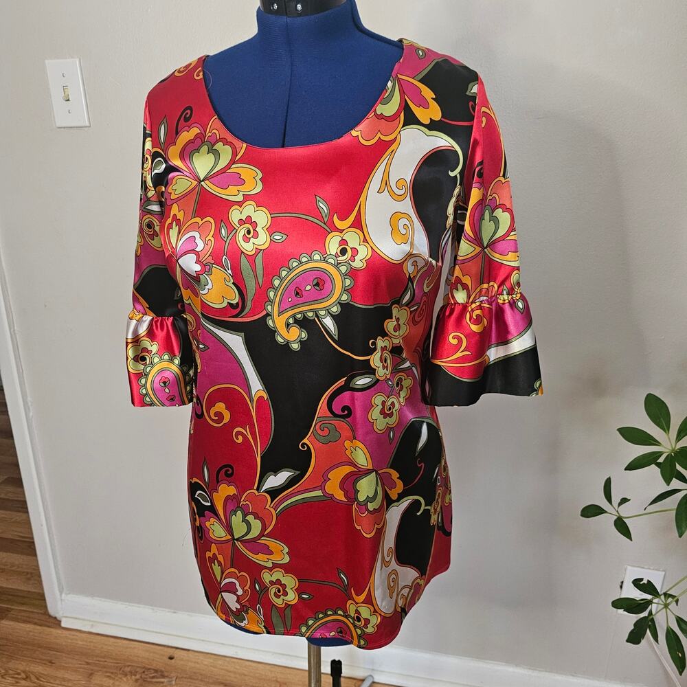 Retro Satin Paisley Tunic Top | Bell Sleeve Blouse | Size M